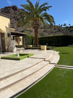 Curved walkway with palm tree and mountain backdrop
